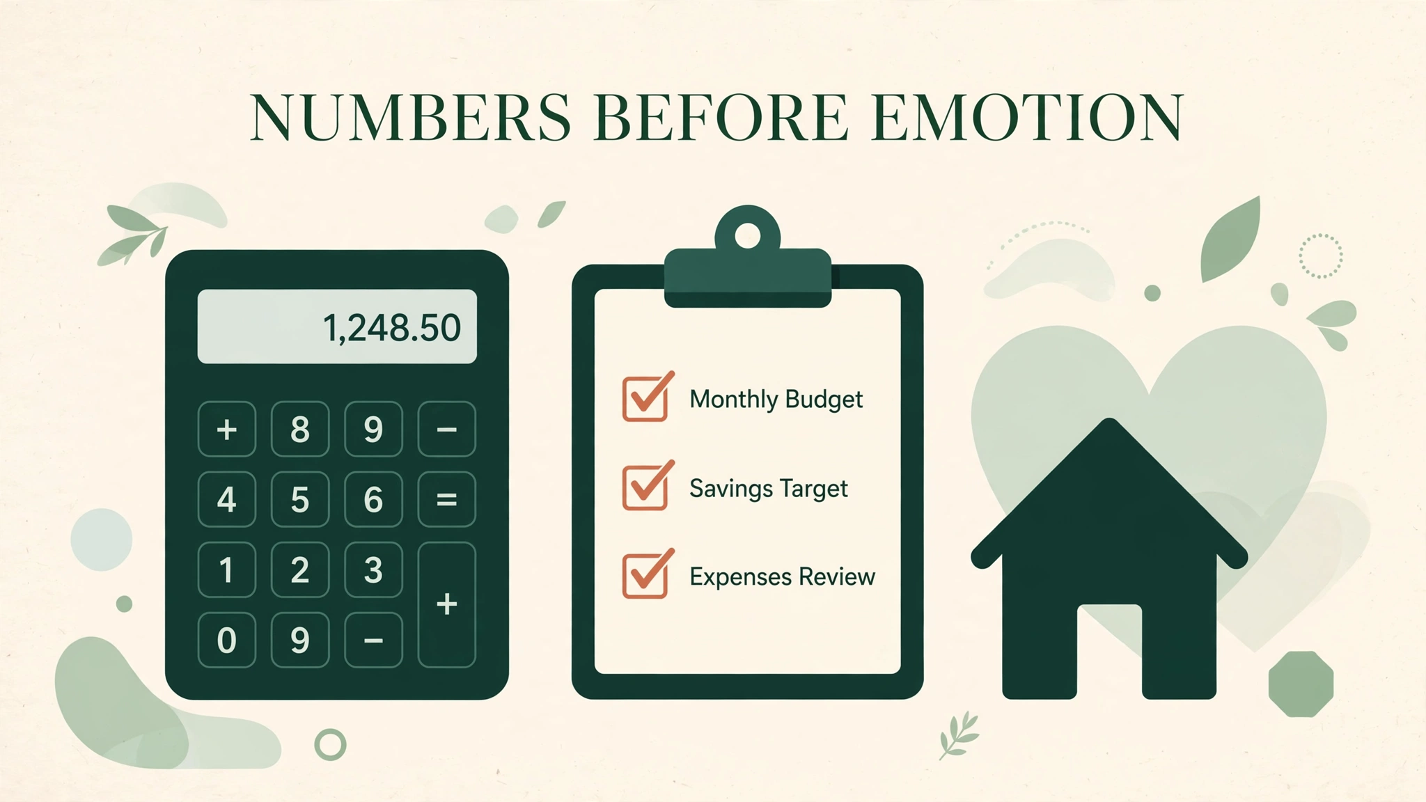 Flat graphic of a calculator and checklist with the headline numbers before emotion